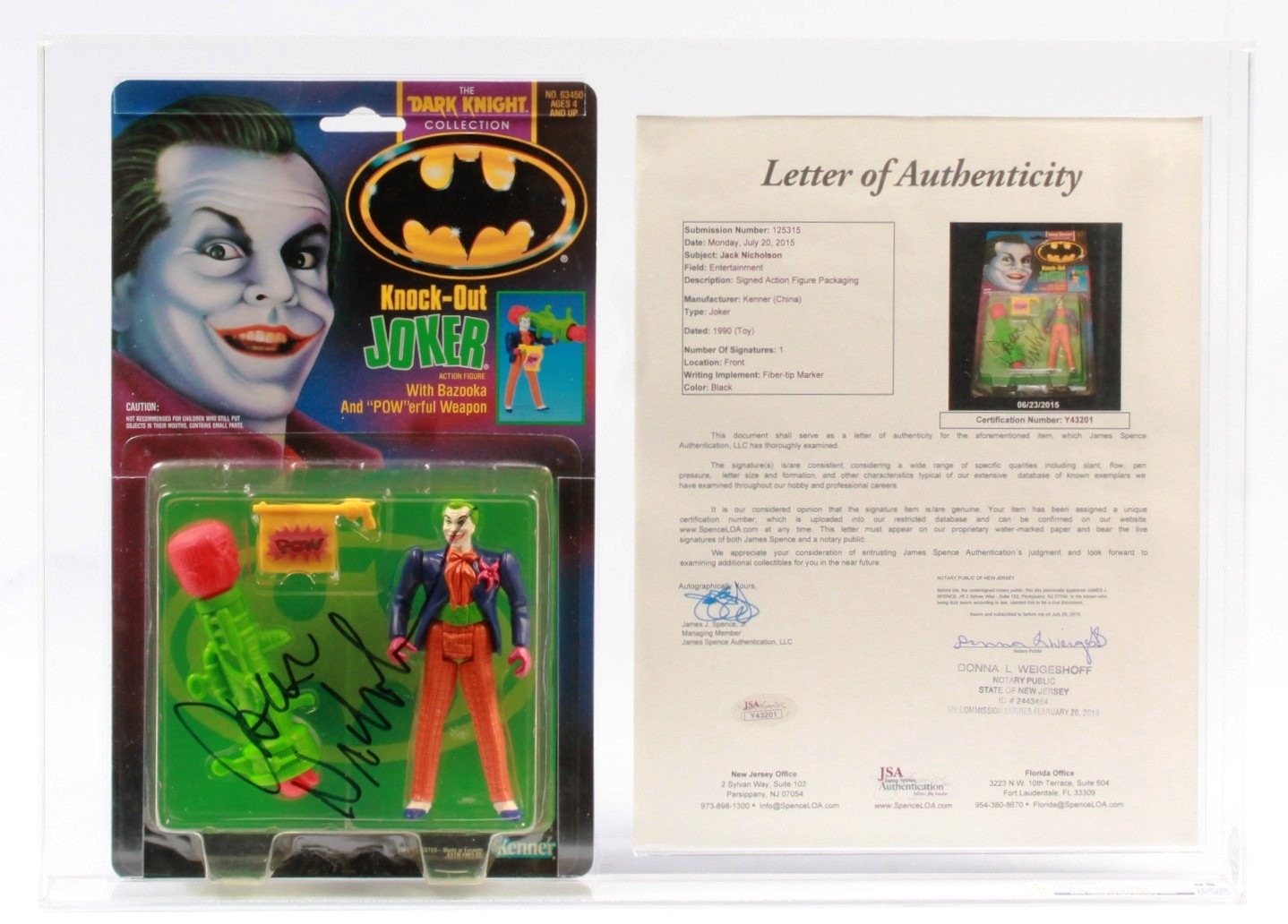 CUSTOM 1991 Kenner Batman Dark Knight Collection Carded Action Figure -  Knock-Out Joker (Signed by Jack Nicholson) with JSA COA