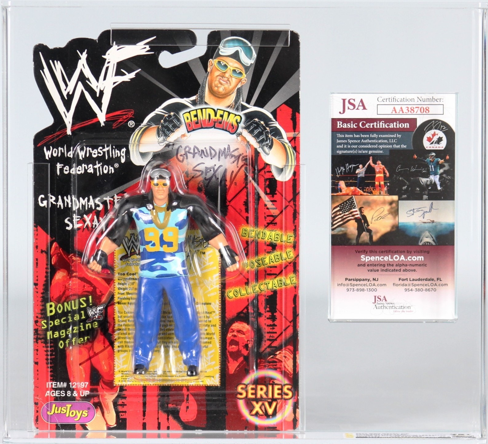 CUSTOM 2000 Just Toys WWF Bend-Ems Carded Action Figure - Grand Master  Sexay (Signed by Sexay) Displayed with JSA COA