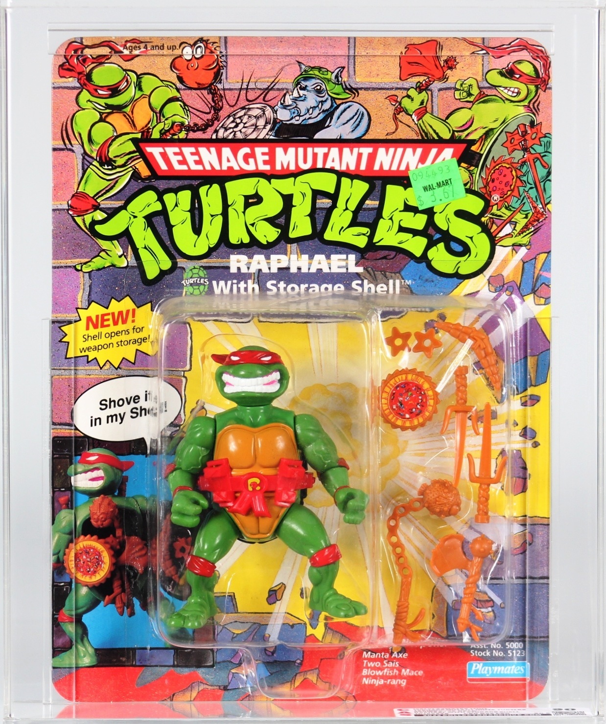 1991 Playmates Teenage Mutant Ninja Turtles Carded Action Figure - Raphael  with Storage Shell