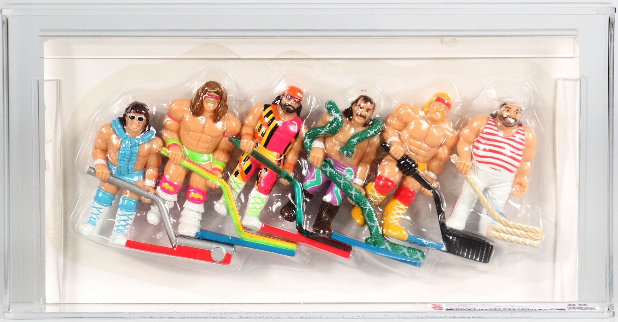 1991 Remco WWF Superstars Shoot-out Carded Hockey Players - Rick Martel /  Ultimate Warrior / Macho Man / Jake the Snake / Hulk Hogan / Tugboat