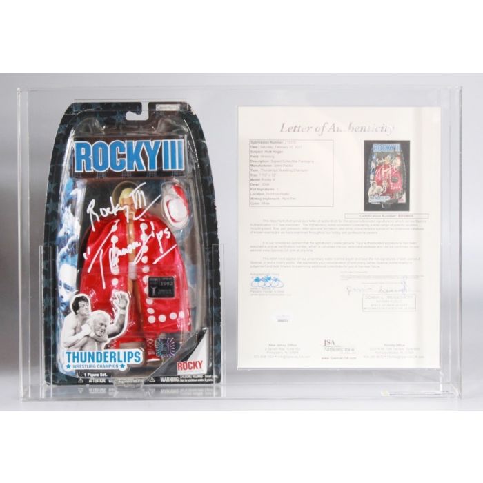 CUSTOM 2006 Jakks Pacific WWE Rocky III Carded Action Figure Thunderlips Signed by Hulk Hogan Displayed with JSA COA