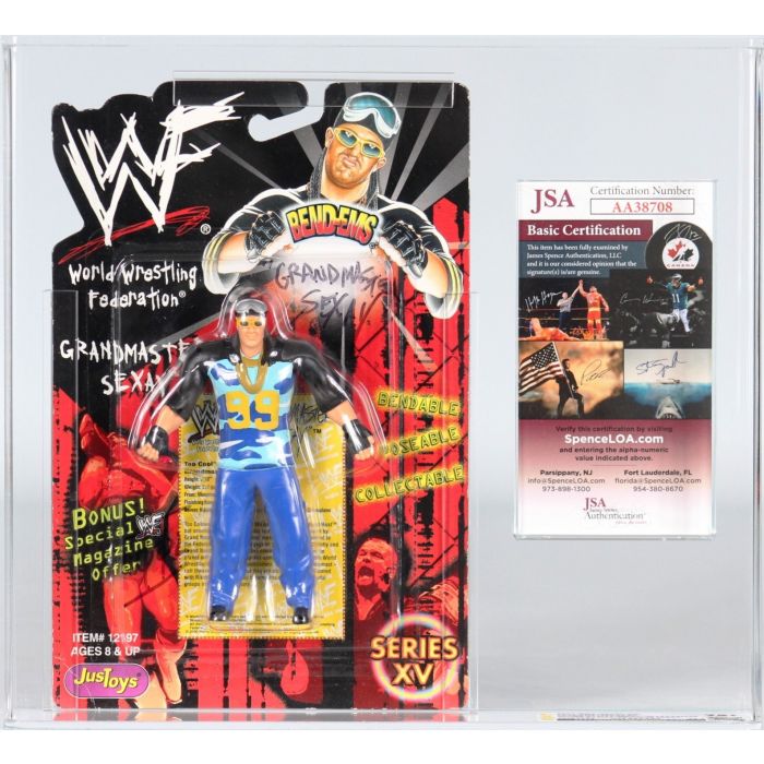 CUSTOM 2000 Just Toys WWF Bend-Ems Carded Action Figure - Grand Master Sexay (Signed by Sexay) Displayed with JSA COA CUSTOM 2000 Just Toys WWF Bend-Ems Carded Action Figure - Grand Master Sexay (Signed by Sexay) Displayed with JSA COA